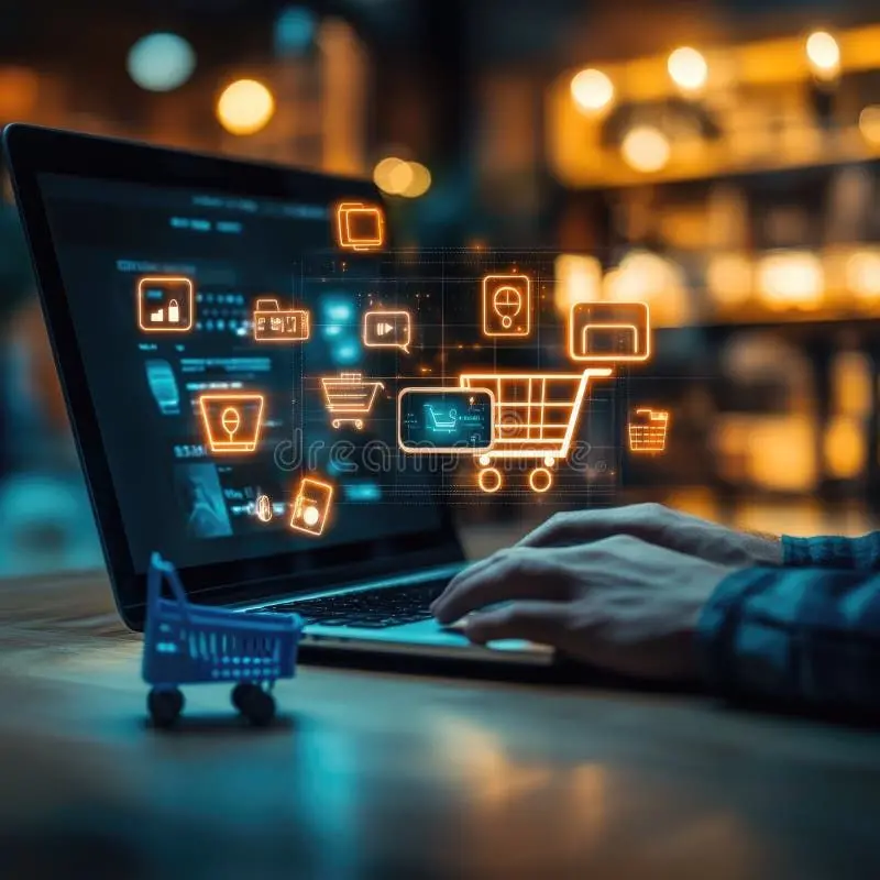 A person using a laptop with glowing 3D e-commerce icons floating above the screen, including a shopping cart, price tags, and store symbols, next to a mini toy shopping cart on the table.