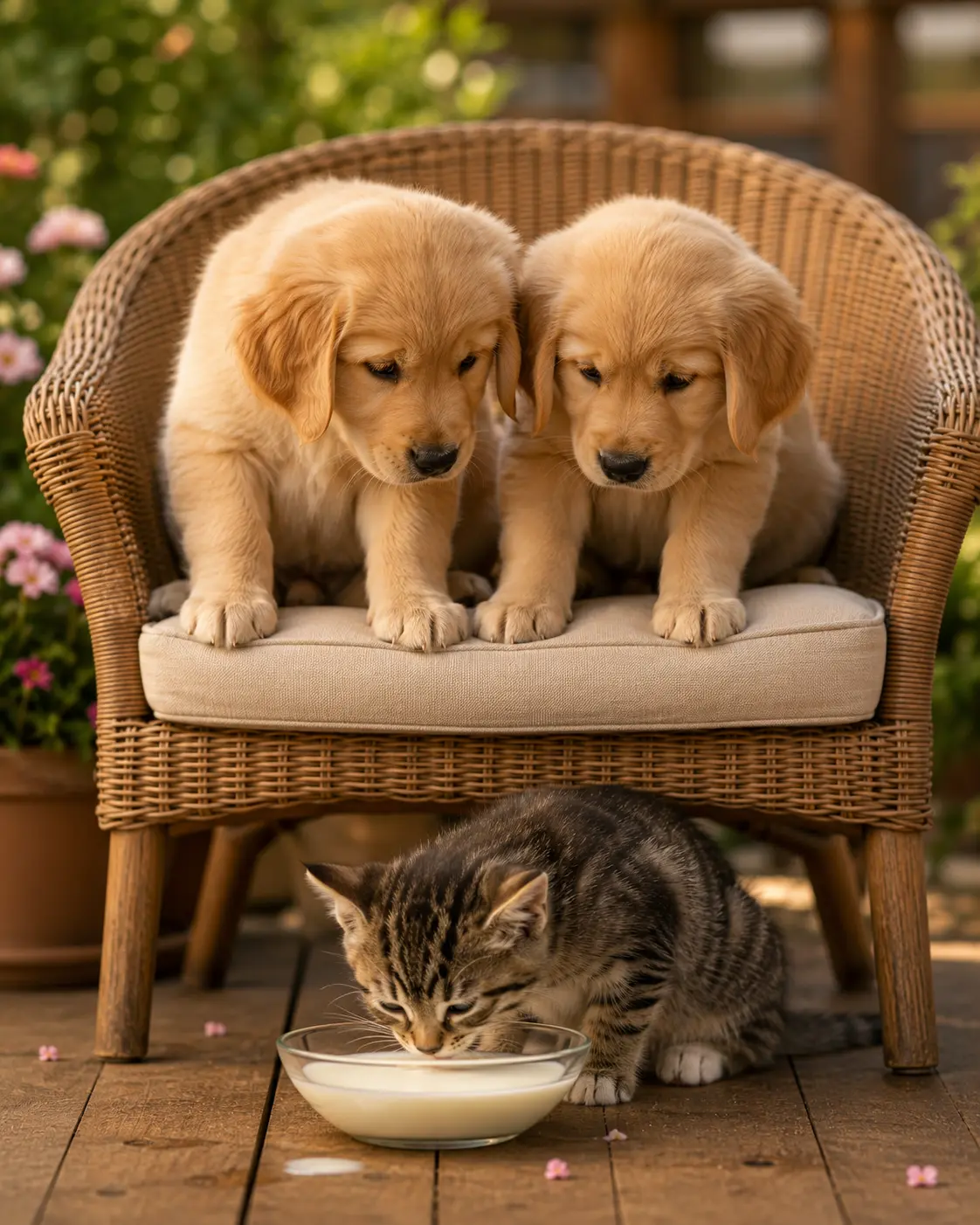 Two golden retriever puppies sitting together on a woven wicker armchair while a small tabby kitten drinks milk from a bowl underneath on a wooden porch deck.
