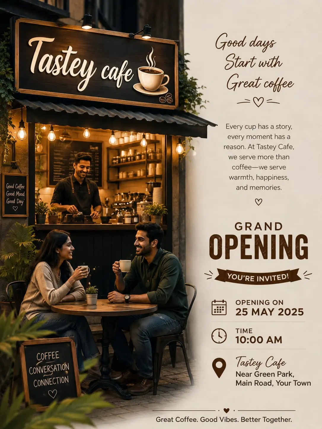 A grand opening invitation poster for Tastey Cafe showing a couple enjoying coffee at an outdoor table with signboards reading "Good days start with great coffee" and event details for May 25, 2025 at 10:00 AM.