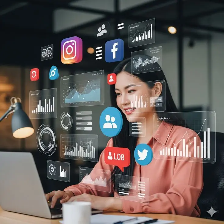 Here are SEO-optimized metadata recommendations based on the b1bbac1e29f08c1c7b5fa1cdb8d5aebb.webp image open in your Attachment details: Alternative Text: A woman working on a laptop surrounded by glowing digital interface elements featuring social media icons like Instagram, Facebook, and Twitter alongside data charts and analytics dashboards.