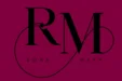 Modern personal brand logo for Rona Mary featuring prominent black monogram initials "RM" inside a minimalist circular line art frame on a deep maroon pink background.
