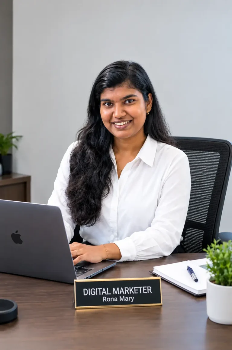 Professional portrait of Rona Mary, a Digital Marketer, seated at an office desk with a laptop and nameplate.