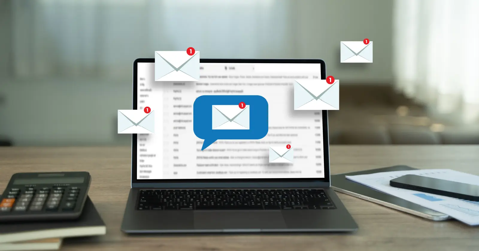 Illustration of an open laptop on a desk surrounded by floating envelope icons with red notification badges, representing digital email marketing and inbox notifications.