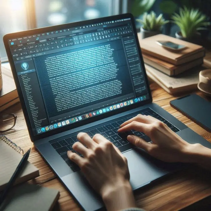 Close-up of a person's hands typing on a modern laptop keyboard with lines of code displayed on the glowing screen in a warm office workspace.